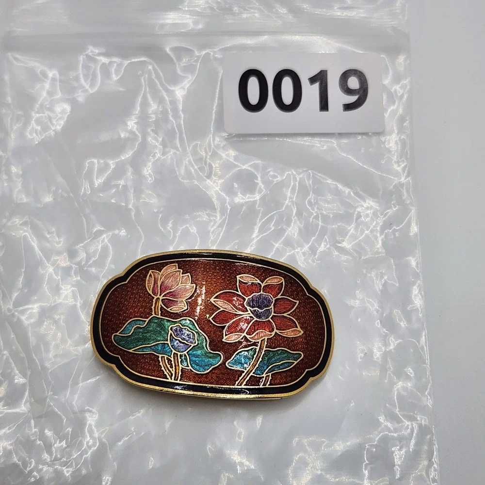 Vintage Cloisonne Lotus Flower Scarf Slide Clip Enamel Gold Tone Floral Oval